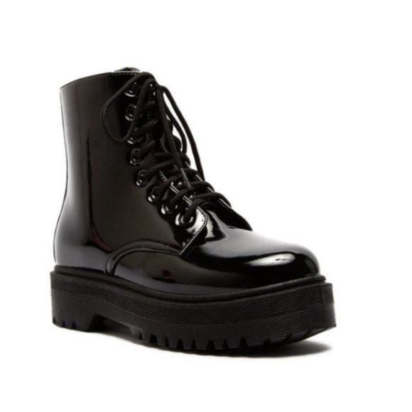 !! NEW !! Black Patent Vegan Leather Side Zip Combat Boots - Picture 4 of 9